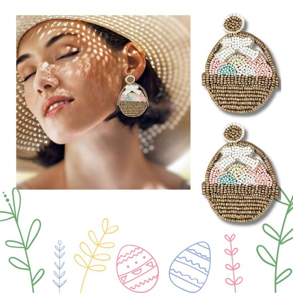 NEW Easter Egg Filled Basket Seed Beaded Hypoallergenic Statement Gift Earrings - Picture 1 of 6